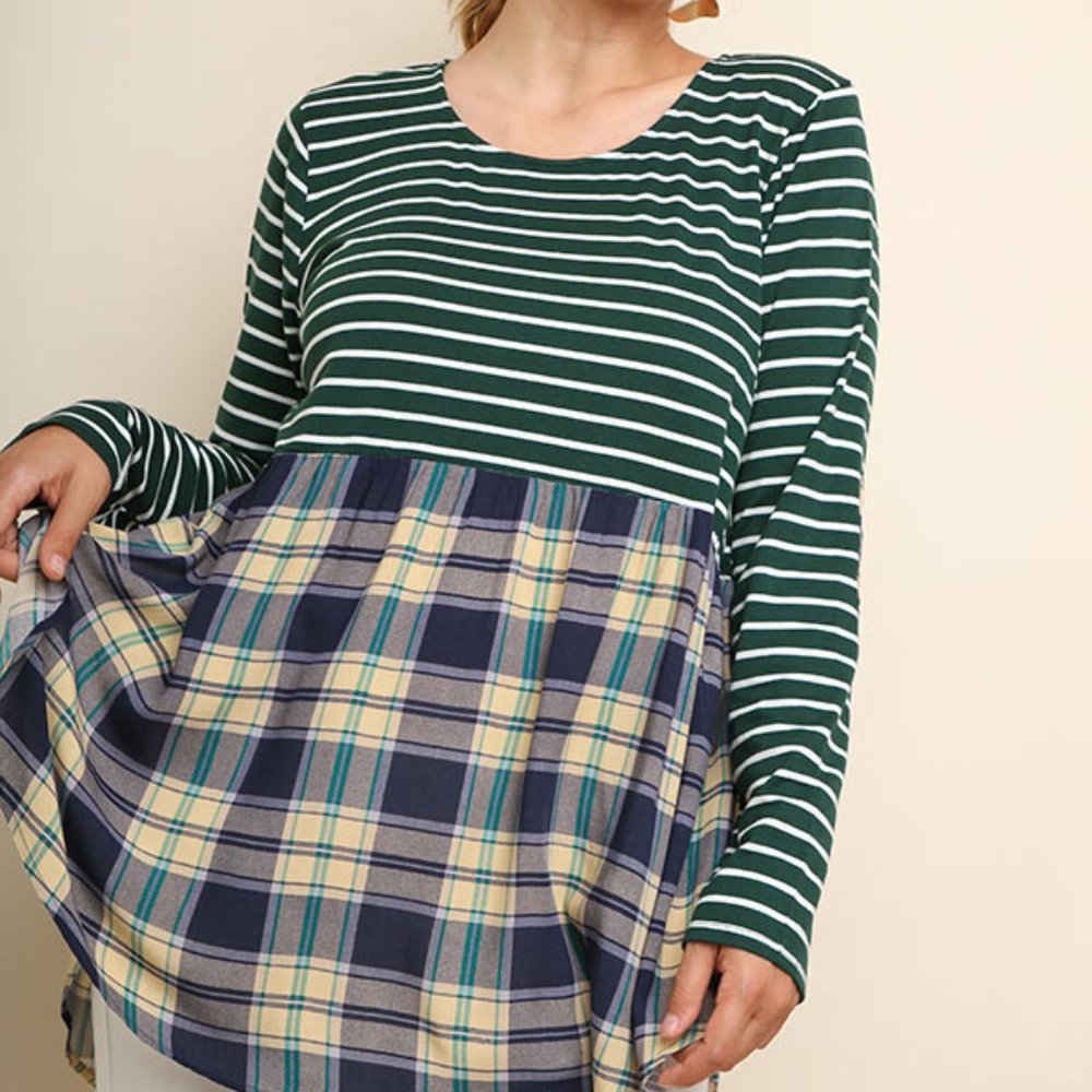 Umgee mixed fabric tunic with patch elbows